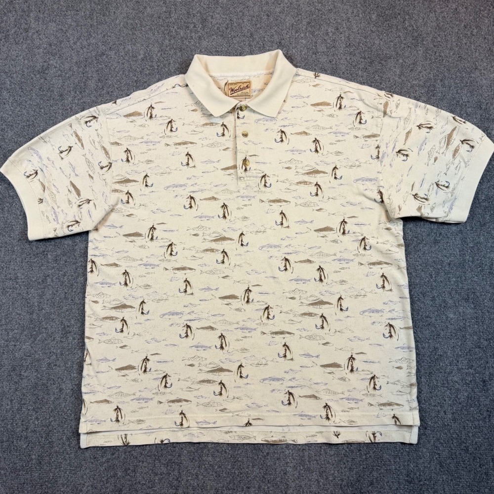 Woolrich Mens Large Cream Fly Fishing Lure Print Cotton Pique Polo Shirt